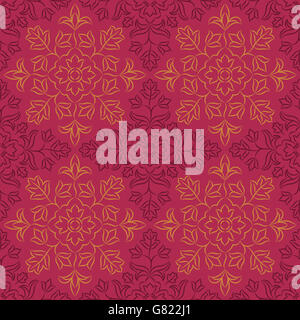 Tradizionale modello indiano rotonde con elementi floreali. Golden e viola scuro motivi su sfondo viola. Ripetere senza giunture. Foto Stock