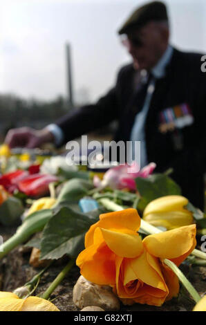 L'ex serviceman Harold Burgh, che faceva parte dello sforzo di liberazione al campo di concentramento di Bergen Belsen, riflette durante la sua prima visita di ritorno al sito. Circa 200 persone hanno partecipato a un servizio commemorativo per celebrare il 60° anniversario della liberazione da parte delle truppe britanniche. Foto Stock