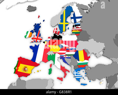 Mappa dell' Unione europea prima Brexit con le bandiere degli Stati membri. 3D'illustrazione . Foto Stock