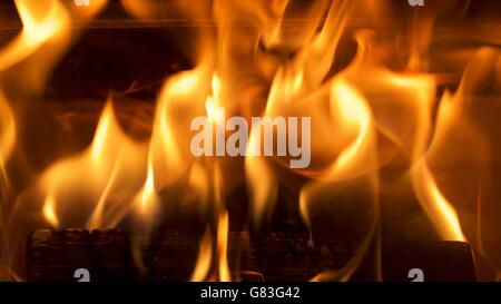 Fiamme in un bruciatore di registro da vicino Foto Stock