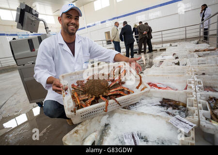 I lavoratori di acquistare e vendere pesce fresco e pesce ad asta in Tifnit, vicino a Agadir in Marocco. Foto Stock