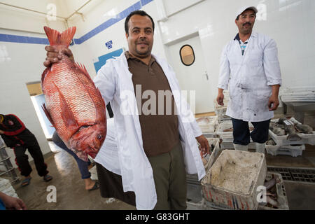 I lavoratori di acquistare e vendere pesce fresco e pesce ad asta in Tifnit, vicino a Agadir in Marocco. Foto Stock