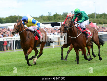 Aeolus guidato da George Baker (a sinistra) vince la Betfred Chipchase Stakes durante il giorno della targa di Northumberland di John Smith all'ippodromo di Newcastle. Foto Stock