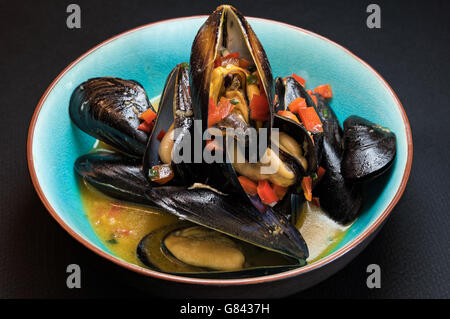 Deliziose le cozze al vapore nella piastra di turchese Foto Stock