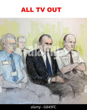 Custodia Timothy Crook. TV OUT Court artista disegno da Elizabeth Cook di Timothy Crook (centro) nel molo a Bristol Crown Court. Foto Stock