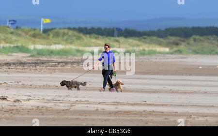Una donna cammina i suoi cani sulla spiaggia accanto a St Andrews mentre i venti alti sospendono il gioco durante un Golf nella conferenza stampa dei Giochi Olimpici durante il terzo giorno del Campionato Open 2015 a St Andrews, Fife. Foto Stock