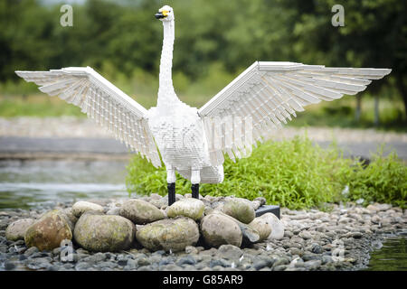 Una scultura LEGO realistica di un cigno di Bewick a Wildfowl e Wetlands Trust Slimbridge, Gloucestershire, dove 10 animali in mattoni LEGO progettati individualmente sono in mostra durante l'estate. Foto Stock