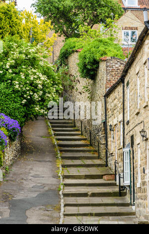 Le fasi di un marciapiede a lato della pietra costruito cottage a Pickering,Yorkshire Foto Stock