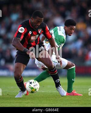 Sylvain Diston di Bournemouth (a sinistra) e Shaun Jeffers di Yeovil Town combattono per la palla durante il periodo pre-stagione amichevole a Huish Park, Yeovil. Foto Stock