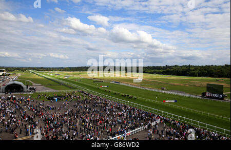 Una vista generale delle quote di Betfred 'Still Treble su Lucky 15s' handicap Stake durante il Betfred Ladies Day all'Ippodromo di Newbury. Foto Stock