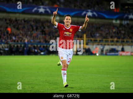 Calcio - UEFA Champions League - Qualifiche - Gioca-Off - Club Brugge / Manchester United - Jan Breydel Stadion. L'Ander Herrera del Manchester United festeggia il quarto gol del suo lato. Foto Stock