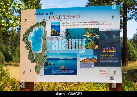 Lake Tahoe segno di benvenuto, Tahoe City, California USA Foto Stock