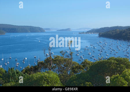 Vista panoramica Pittwater con vista in lontananza Lion Island Sydney NSW Australia Foto Stock