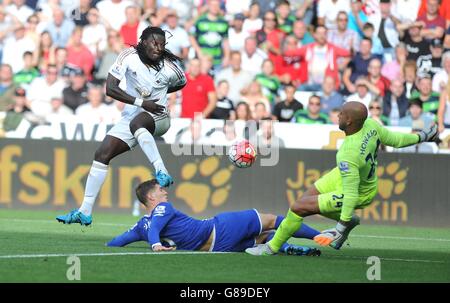 Il Bafetimbi Gomis di Swansea City (a sinistra) ha un colpo fermato dal portiere di Everton Tim Howard durante la partita della Barclays Premier League al Liberty Stadium di Swansea. Foto Stock