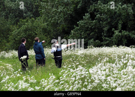 Gli agenti di polizia bloccano i sentieri per il bosco, dove Anthony Hinchliffe, cinque anni, è stato trovato ferito nei pressi di Dewsbury, West Yorkshire il martedì sera. Una ragazza di 12 anni arrestata per il tentato omicidio di Anthony è stata rilasciata dalla polizia, è stato annunciato oggi. La polizia dello Yorkshire occidentale ha detto che la ragazza è stata liberata dopo che i magistrati si sono rifiutati di concedere un mandato per prolungare il tempo in cui potevano tenere il bambino in custodia, ma i detective continuano a interrogare una ragazza e un ragazzo, entrambi di 11 anni, sul presunto attacco. Foto Stock