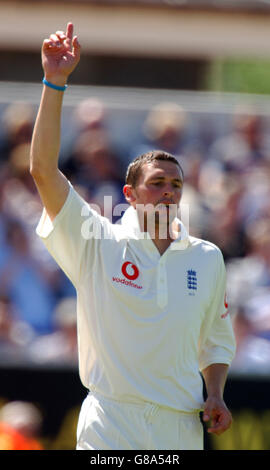 Cricket - Npower secondo Test - Inghilterra / Bangladesh - Day One - Riverside Ground. Steve Harmison, in Inghilterra, celebra il lancio del Nafees Iqbal del Bangladesh Foto Stock