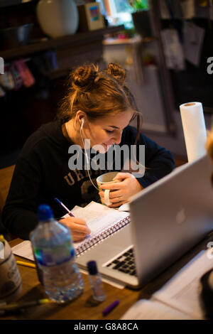 Anno 12 Istruzione REGNO UNITO: UN teenage schoolgirl revisione lavora a studiare a casa per lei come livello esami, Wales UK Foto Stock