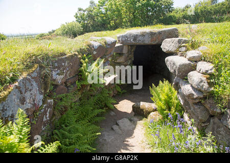 Ingresso alla metropolitana fogue tunnel, Carn Euny villaggio preistorico, Cornwall, Regno Unito Foto Stock