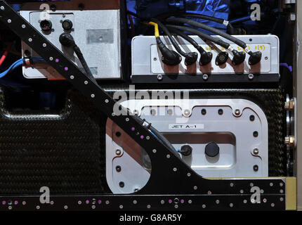 Una vista del cambio marcia sul Bloodhound SSC (auto supersonica), in mostra a Canary Wharf, Londra. Foto Stock