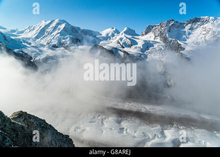 Monte Rosa massiccio e Gorner Glacier, Pennine, Svizzera Foto Stock