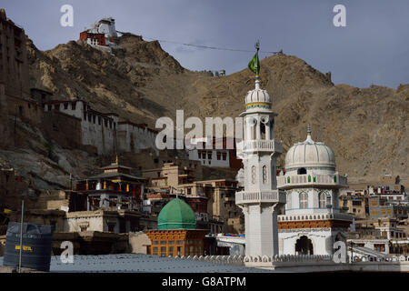 Moschea con Tsemo Gompa in sfondo , Leh, Ladakh, Jammu e Kaschmir, India Foto Stock