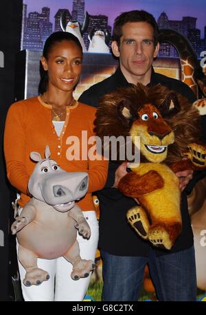 Madagascar Photocall - Mandarin Oriental Hotel. Le star della voce del nuovo film d'animazione Madagascar, Jada Pinkett Smith e ben Stiller. Foto Stock