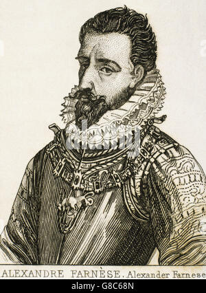 Alessandro Farnese (1545-1592). Il duca di Parma e Piacenza e Castro e Governatore della spagnola Nedtherlands (1578-1592). Ritratto. Incisione. Foto Stock