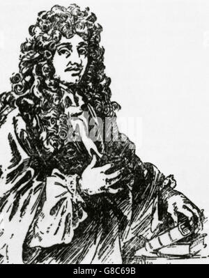 Christiaan Huygens (1629-1695). Dutch matematico e scienziato. Egli è conosciuto soprattutto come un astronomo, fisico e probabilist horologist. Ritratto. Incisione. Foto Stock