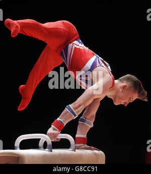 La Gran Bretagna Nile Wilson compete sul Cavallo Pomdel durante il terzo giorno dei Campionati Mondiali di ginnastica 2015 al SSE Hydro, Glasgow. Foto Stock