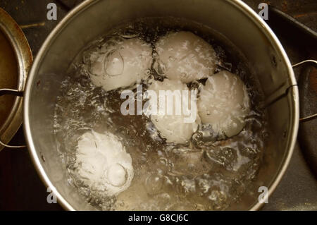 Le uova di gallina in acqua in ebollizione in una pentola di metallo Foto Stock