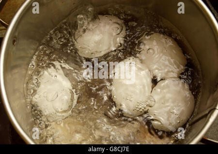 Le uova di gallina in acqua in ebollizione in una pentola di metallo Foto Stock