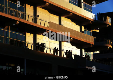 Una vista generale della Princess Royal Grandstand immerso nel sole della tarda sera all'ippodromo di Cheltenham. Foto Stock