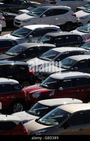 Magazzino auto a noleggio o in vendita. Nella stagione estiva le auto a noleggio sono esaurite e un larg Foto Stock