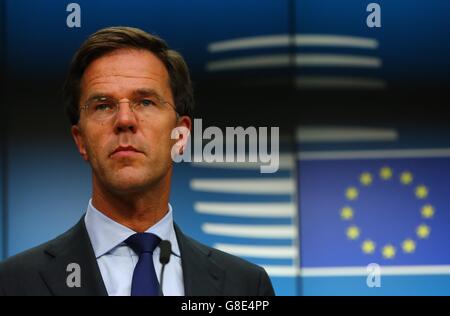 (160629) -- Bruxelles, 29 giugno 2016 (Xinhua) -- il Primo Ministro olandese Mark Rutte partecipa a una conferenza stampa presso la sede centrale dell'UE a Bruxelles, Belgio, 28 giugno 2016. I leader europei martedì premuto per una rapida e chiara britannico piano di partenza per sedare in tutto il mondo la preoccupazione per il futuro del continente. (Xinhua/Gong Bing) Foto Stock