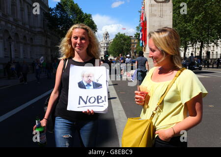 Londra, Regno Unito. 2 luglio 2016. Due persone partecipano a una protesta pubblica o a un evento di strada nel centro di Londra. Uno ha un segno satirico con un'immagine di Boris Johnson con la parola NOB e una freccia disegnata che punta al suo volto. Protestando contro le menzogne e la disinformazione della campagna di congedo, i media e i parlamentari hanno detto al popolo britannico durante il referendum UE del 23 giugno. Penelope Barritt/Alamy Live News Foto Stock