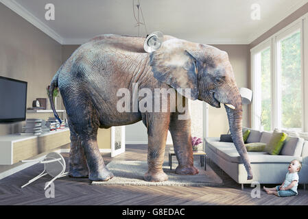 Grande elefante e il bambino nel soggiorno. 3d concept Foto Stock