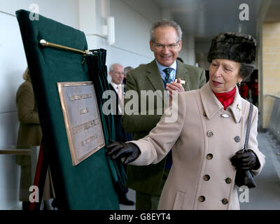 La principessa Anne apre ufficialmente la Principessa reale Tribuna durante il giorno uno degli Open all'ippodromo di Cheltenham, Cheltenham. Foto Stock