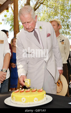 Il Principe di Galles, che ha oggi il sesto sette anni, taglia una fetta di torta di compleanno per sé, presso l'Oranje Tractor Winery fuori Albany, nel sud dell'Australia. Foto Stock