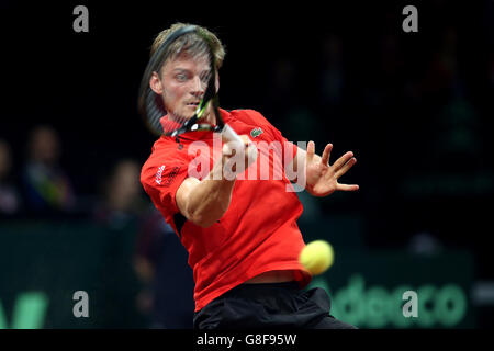 Il belga David Goffin in azione durante il terzo giorno della finale della Coppa Davis al Flanders Expo Center di Gand. Foto Stock