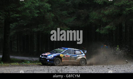 Vincitori del Rally gallese e dei campioni del mondo per il 2015. Driver (fra) Sebastien Ogier e co driver (fra) Julien Ingrassia su ALWEN speciale tappa 17 durante il quarto giorno del Wales Rally GB. Foto Stock