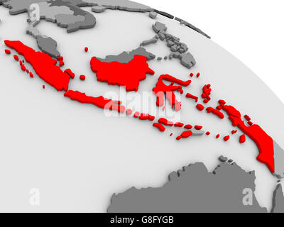 Indonesia evidenziata in rosso sul modello del globo. 3D illustrazione Foto Stock