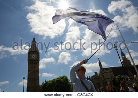 Un giovane sostenitore dell'UE onde la bandiera dell'UE presso Westminster dopo la vittoria Brexit Foto Stock