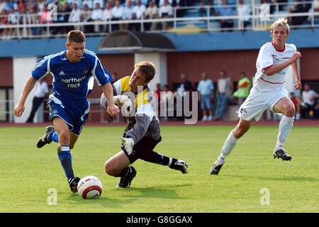 Calcio - Coppa Intertoto - terzo turno - prima tappa - FK ZTS Dubnica v Newcastle United - Centralny Stadium. James Milner (l) del Newcastle United, round di FK ZTS il portiere di Dubnica, Dusan Pernis, ma perde in gol aperto con il suo colpo risultante Foto Stock