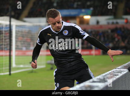 Jamie Vardy di Leicester City reagisce in frustrazione durante la partita Barclays Premier League al Liberty Stadium di Swansea. Foto Stock