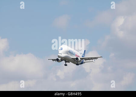 Amburgo, Germania - 27 Giugno 2016: Beluga piano di trasporto numero 3 in atterraggio a la pianta di Airbus di Amburgo Finkenwerder Foto Stock