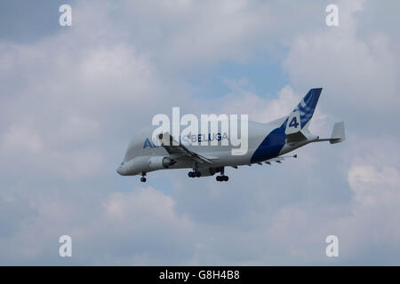 Amburgo, Germania - 27 Giugno 2016: Beluga piano di trasporto numero 4 in atterraggio a la pianta di Airbus di Amburgo Finkenwerder Foto Stock
