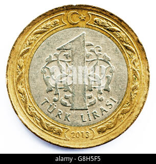 Una lira turca su sfondo bianco Foto Stock