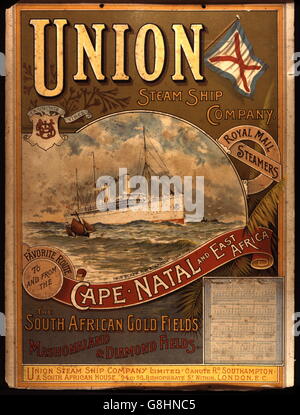 AJAXNETPHOTO. 1896 Spese di spedizione EPHEMERA - unione illustrato in nave a vapore azienda scheda Calendario pubblicità il "favorito" Cape rotta verso SUD AFRICA raffigurante la ROYAL MAIL SHIP S.S.BRITANNICO. Foto:JONATHAN EASTLAND/AJAX REF:911040 Foto Stock