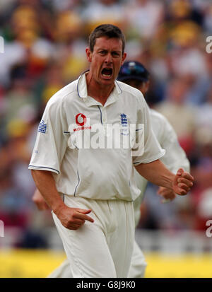 Ashley Giles dell'Inghilterra celebra la presa del wicket del capitano dell'Australia Ricky Ponting Foto Stock