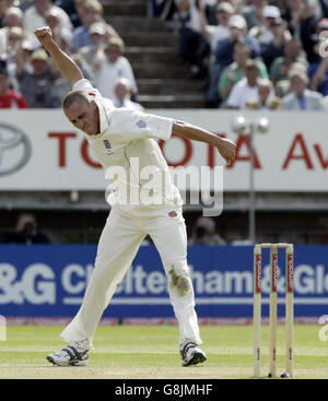 Cricket - The Ashes - Npower Second Test - Inghilterra / Australia - Edgbaston. Simon Jones, in Inghilterra, ha fatto un'aria in festa dopo aver intrappolato il battitore Justin Langer LBW dell'Australia. Foto Stock